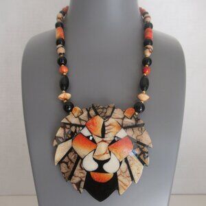 Vtg Lee Sands Inlaid Sponge Coral Onyx Beads Lion Face Mosaic Necklace 19" Long